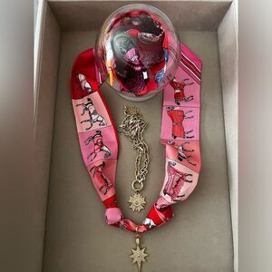 Pink Horse Stripe Knotted Scarf Twilly-Like Charm Necklace